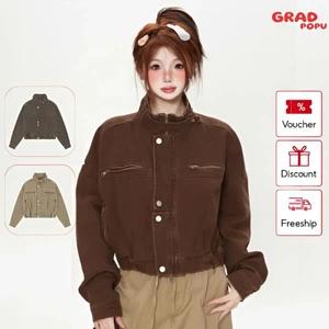 Áo khoác denim cổ điển Mỹ unisex GRADPOPU dáng ngắn cổ đứng màu cà phê phong cách biker 2025 AK176