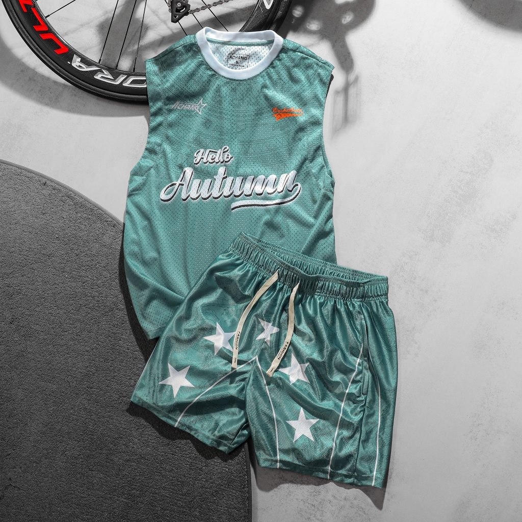 Set Bộ Tanktop thể thao Autumn màu xanh chất mesh lussi độc quyền brand ACHANG