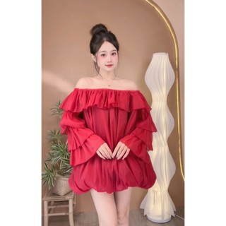 Đầm - Váy babydoll trễ vai form bí bồng phong cách tiểu thư sang chảnh D130