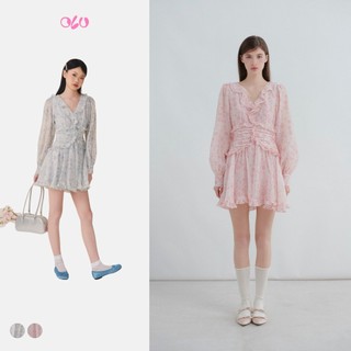 Đầm hoa OLV xòe tay dài bồng bềnh cổ V tiểu thư Kamiyah nhiều màu pastel trẻ trung