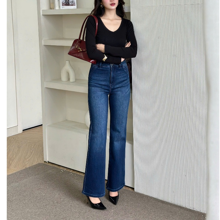 Quần Jean Loe REDE LOEXK-03B Dáng Suông Loe, Lưng Cao Có Co Giãn, Giả Túi Xéo Xanh Đậm Wash