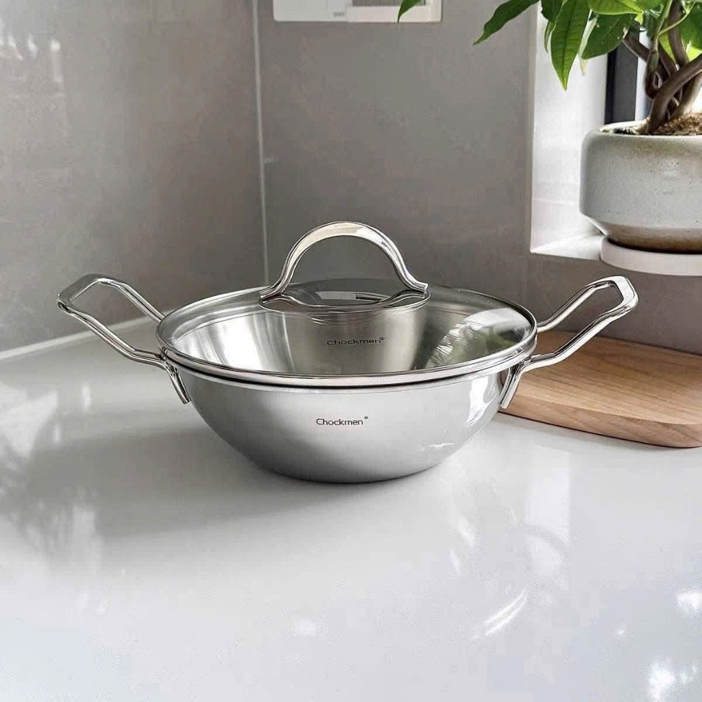 Nồi Hải Sản Chockmen Inox Liền Khối Size 20/24/26cm có nắp kính CKM91, Nồi Rang Thịt, Rim Tôm...