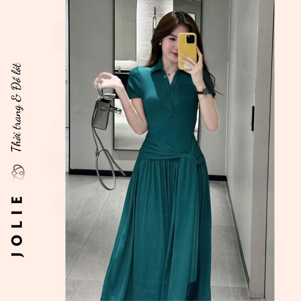 Đầm Maxi Dài Xẻ Tà Dáng Polo Tay Ngắn Thiết Kế Thắt Eo Nhún Bèo Phong Cách Công Sở Thanh Lịch JOLIE