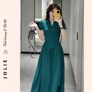 Đầm Maxi Dài Xẻ Tà Dáng Polo Tay Ngắn Thiết Kế Thắt Eo Nhún Bèo Phong Cách Công Sở Thanh Lịch JOLIE