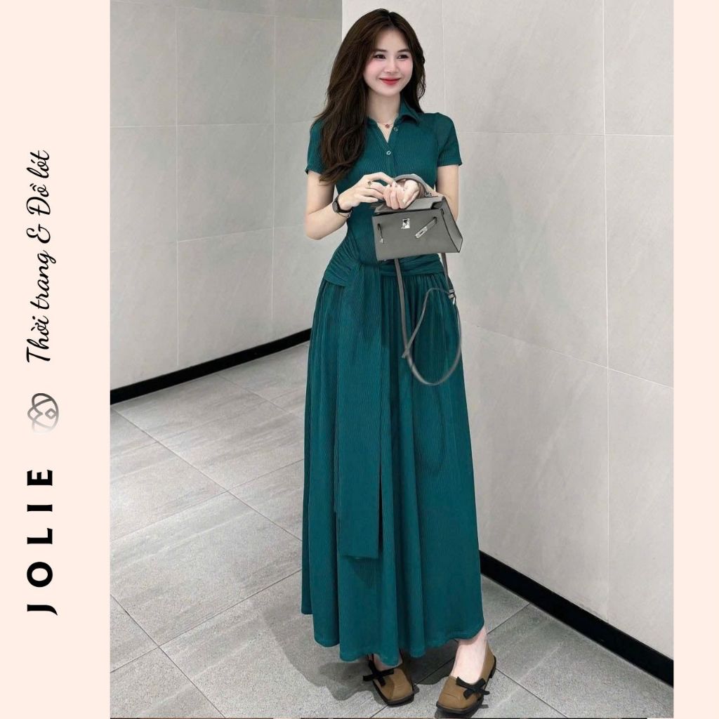 Đầm Maxi Dài Xẻ Tà Dáng Polo Tay Ngắn Thiết Kế Thắt Eo Nhún Bèo Phong Cách Công Sở Thanh Lịch JOLIE
