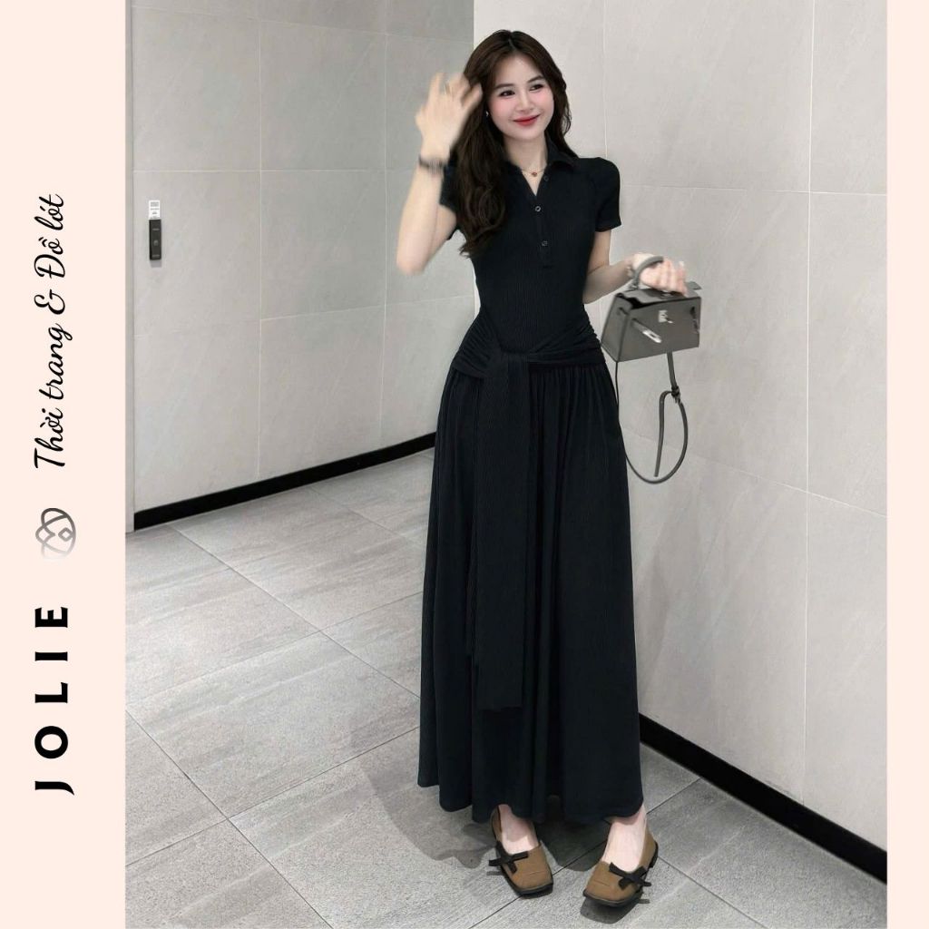 Đầm Maxi Dài Xẻ Tà Dáng Polo Tay Ngắn Thiết Kế Thắt Eo Nhún Bèo Phong Cách Công Sở Thanh Lịch JOLIE