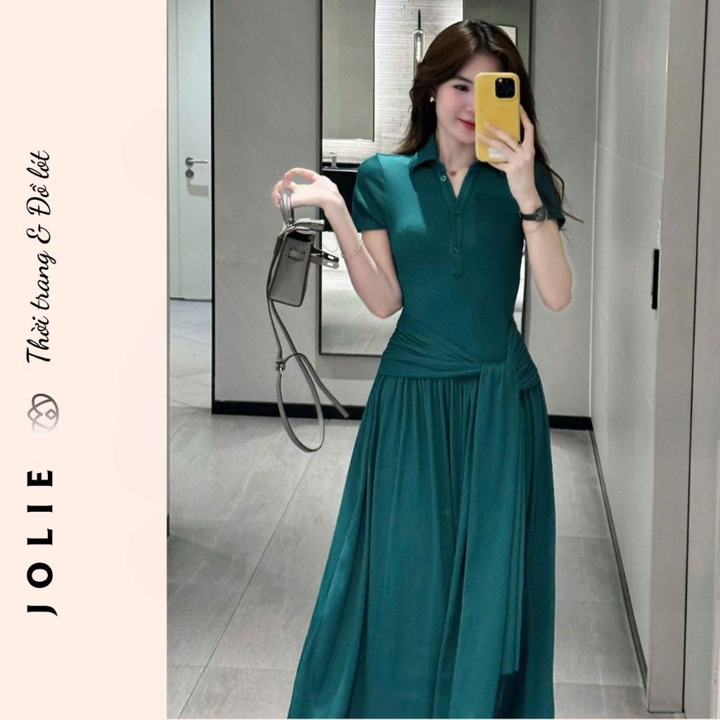 Đầm Maxi Dài Xẻ Tà Dáng Polo Tay Ngắn Thiết Kế Thắt Eo Nhún Bèo Phong Cách Công Sở Thanh Lịch JOLIE