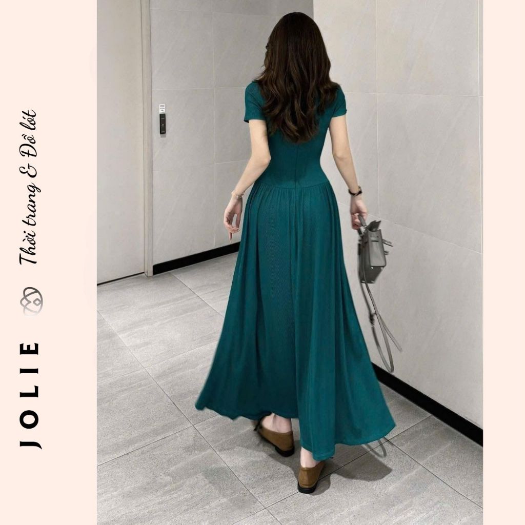 Đầm Maxi Dài Xẻ Tà Dáng Polo Tay Ngắn Thiết Kế Thắt Eo Nhún Bèo Phong Cách Công Sở Thanh Lịch JOLIE