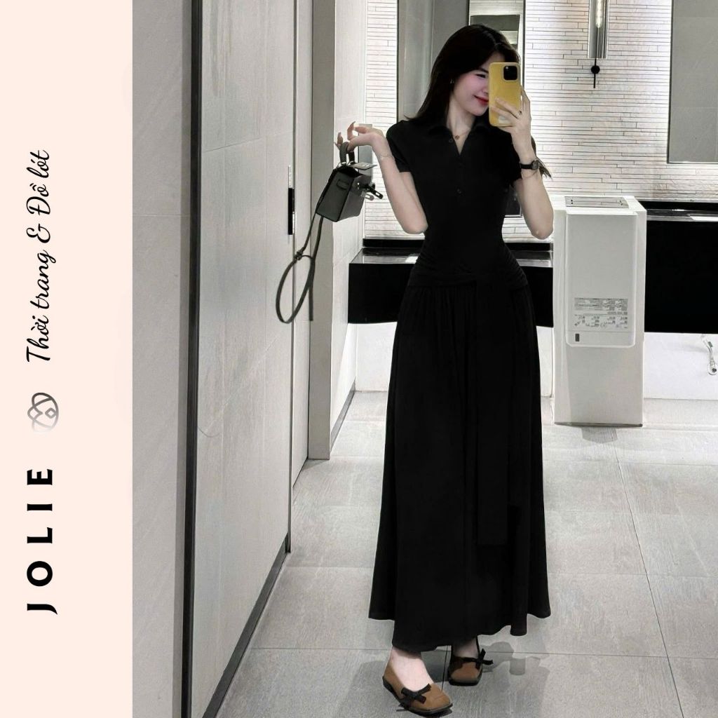 Đầm Maxi Dài Xẻ Tà Dáng Polo Tay Ngắn Thiết Kế Thắt Eo Nhún Bèo Phong Cách Công Sở Thanh Lịch JOLIE