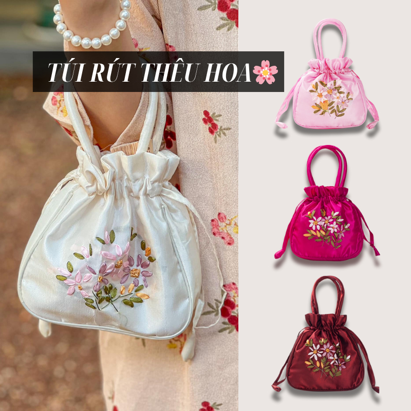 Túi Rút Tay Nữ Thêu Hoa Đẹp, Túi Vải Lụa Cổ Điển Thời Trang Vintage ...