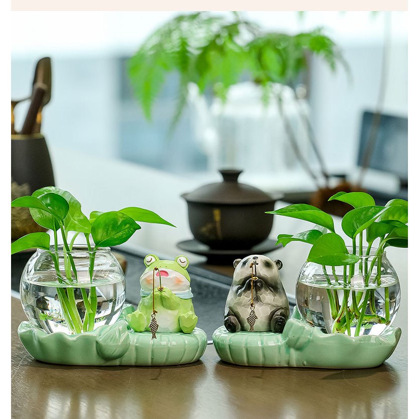 Bộ decor gấu trúc, ếch xanh kết hợp cùng bình thuỷ sinh thu hút tài lộc, cầu bình an trang trí bàn làm việc