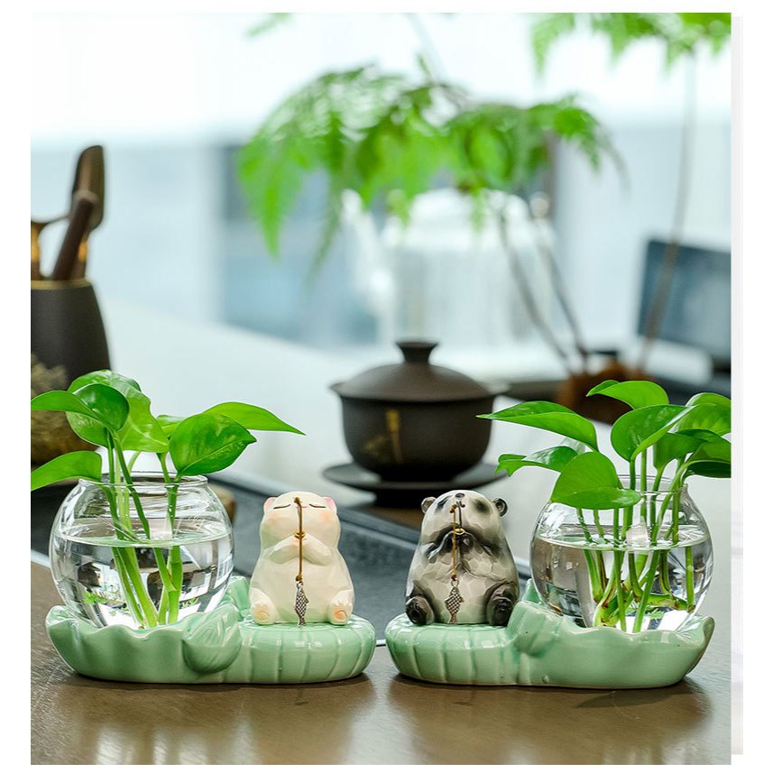 Bộ decor gấu trúc, ếch xanh kết hợp cùng bình thuỷ sinh thu hút tài lộc, cầu bình an trang trí bàn làm việc