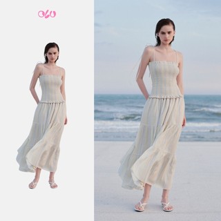 Đầm Maxi OLV dây vai cột thiết kế nhún chun ôm body Lemon Striped Strappy Maxi Dress phù hợp đi biển