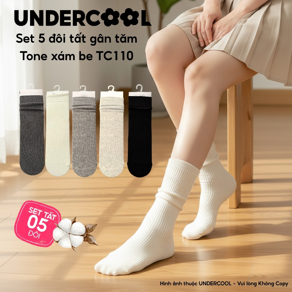Combo 5 đôi tất nữ gân tăm cổ cao UNDERCOOL chất cotton co giãn, basic thấm hút mồ hôi tốt. Set 5 đôi tất nữ TC110