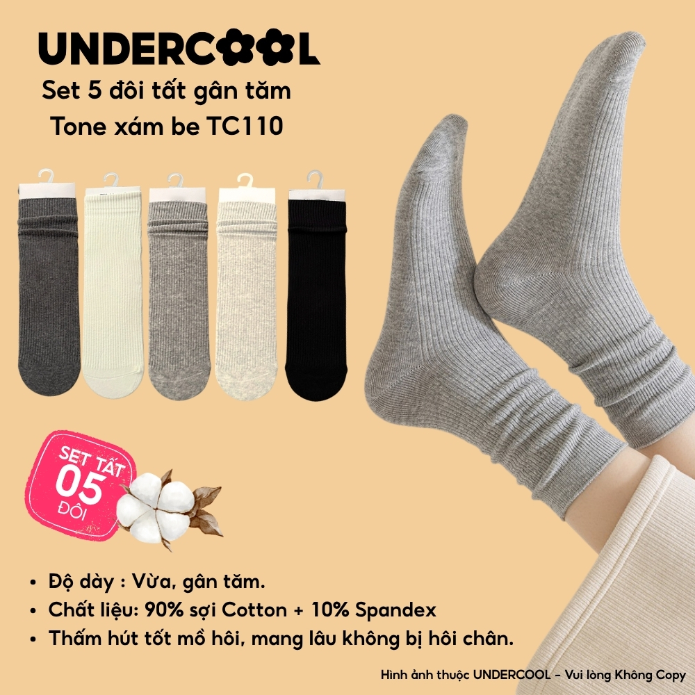 Combo 5 đôi tất nữ gân tăm cổ cao UNDERCOOL chất cotton co giãn, basic thấm hút mồ hôi tốt. Set 5 đôi tất nữ TC110