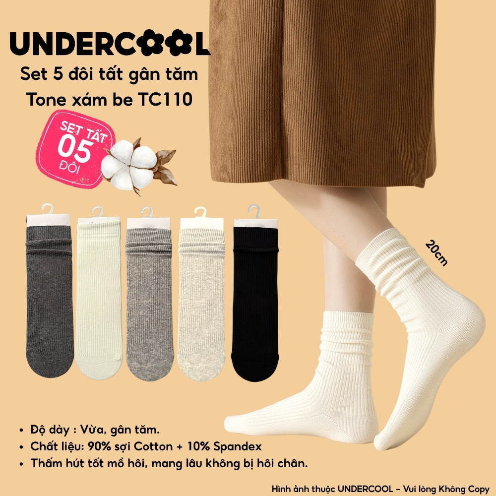 Combo 5 đôi tất nữ gân tăm cổ cao UNDERCOOL chất cotton co giãn, basic thấm hút mồ hôi tốt. Set 5 đôi tất nữ TC110