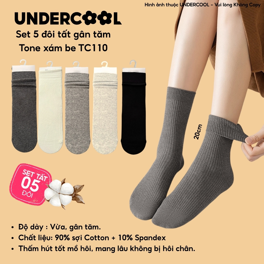 Combo 5 đôi tất nữ gân tăm cổ cao UNDERCOOL chất cotton co giãn, basic thấm hút mồ hôi tốt. Set 5 đôi tất nữ TC110
