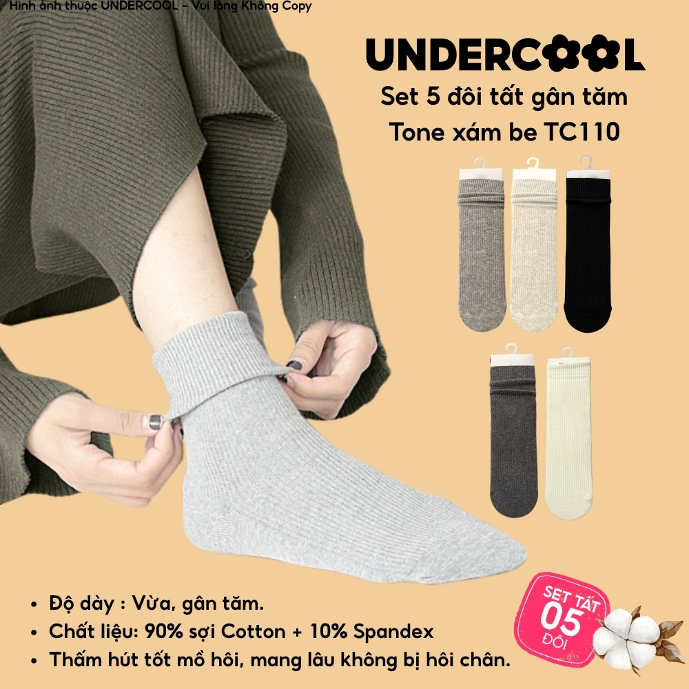 Combo 5 đôi tất nữ gân tăm cổ cao UNDERCOOL chất cotton co giãn, basic thấm hút mồ hôi tốt. Set 5 đôi tất nữ TC110