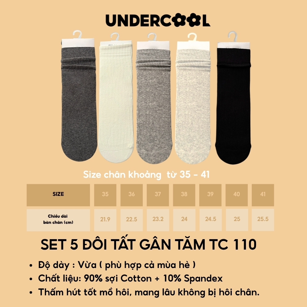 Combo 5 đôi tất nữ gân tăm cổ cao UNDERCOOL chất cotton co giãn, basic thấm hút mồ hôi tốt. Set 5 đôi tất nữ TC110