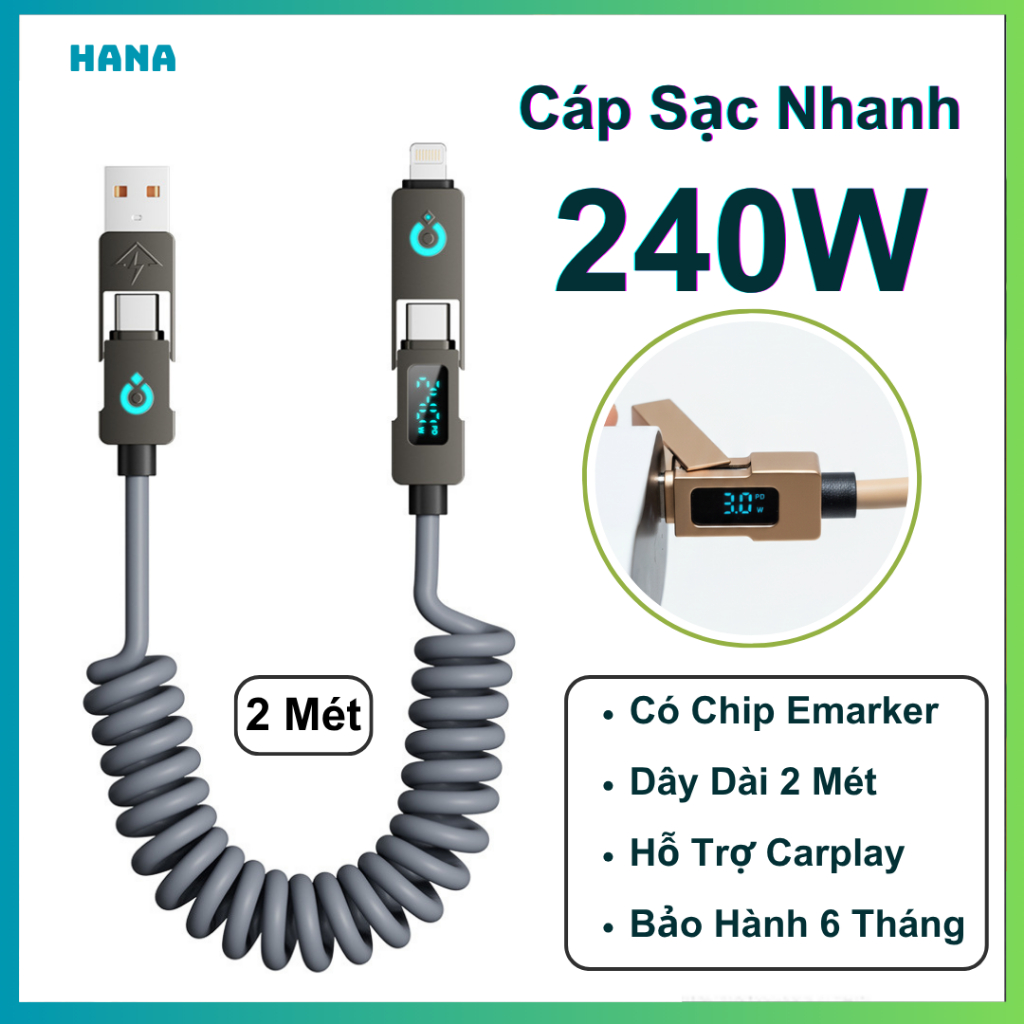 Cáp Sạc Nhanh 240W 4 Trong 1 Basemo - Có Màn LED Đo Sạc - Hỗ Trợ CarPlay - Chip E-Marker - 2 Mét - Dây lò xo