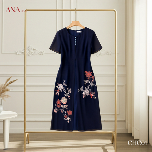 Đầm Thêu Hoa Trung Niên ANA Mode Chất Liệu Chiffon Phối Lụa Thanh Lịch Đi Tiệc Quà Tặng Mẹ DM25CHC01