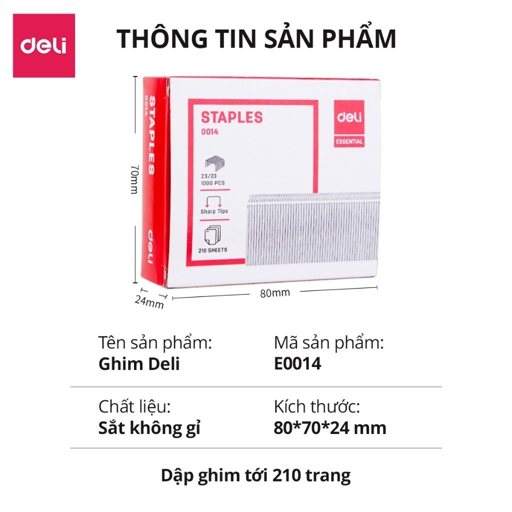 Đạn Ghim Cỡ Đại Deli 23/23 – Chuyên Dùng Văn Phòng, Dập Ghim Lớn, Kẹp 210–240 Tờ A4