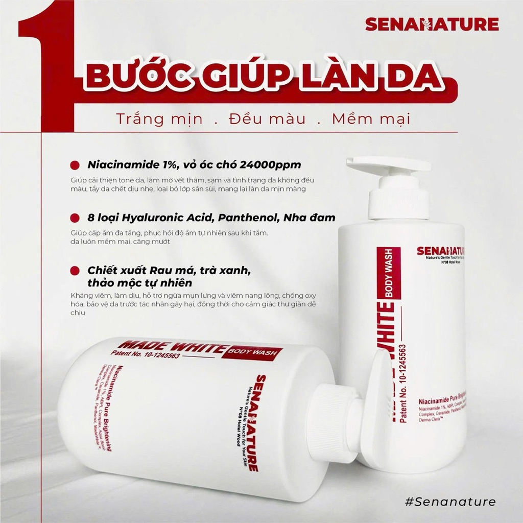 (Set quà tặng) Sữa tắm senanature made white body wash 500ml - hạn 2028 Hàn Quốc sữa tắm trắng da senanature  IS384