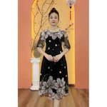Đầm suông xòe trung niên cho mẹ - Cổ tròn tay lỡ - Đen chấm bi hoa - TTV1983 — ảnh 2