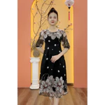Đầm suông xòe trung niên cho mẹ - Cổ tròn tay lỡ - Đen chấm bi hoa - TTV1983 — ảnh 3