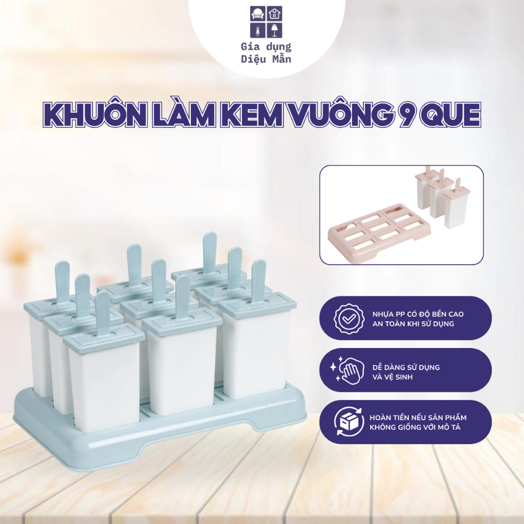 Khuôn Làm Kem Vuông 9 Que Việt Nhật Nhựa PP Cao Cấp Có Nắp Đậy Cầm Tay Tiện Lợi Dễ Tháo bé