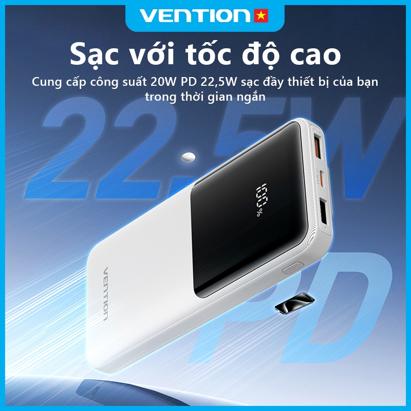 Pin Sạc Dự Phòng 22.5W 20000mAh Vention,Tích Hợp Cáp Type-C Và Light, Sạc Nhanh PD/QC, Màn Hình LED