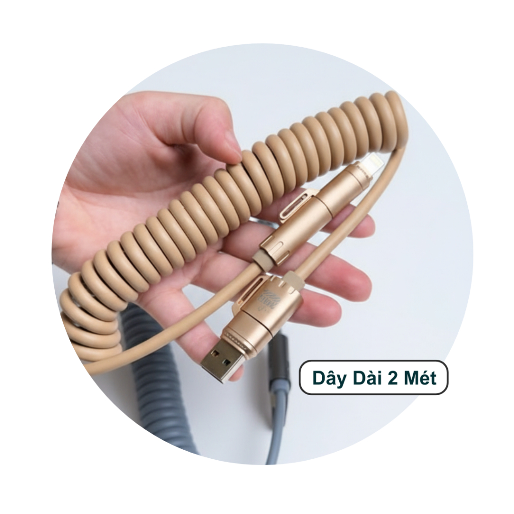 Dây Sạc Nhanh Lò Xo 240W - Đa Năng 4 Trong 1 - Hãng Basemo 2 Mét – Hỗ trợ Carplay - Có Màn Hình Hiển Thị Công Suất