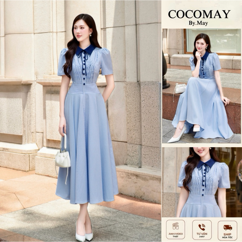 COCOMAY Đầm sọc xanh cổ phối xanh đen xếp li ngực cách điệu baby phối ...