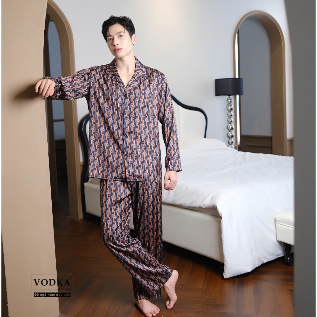 Đồ ngủ nam pijama nam chất lụa satin cao cấp màu xanh hoạt tiết in