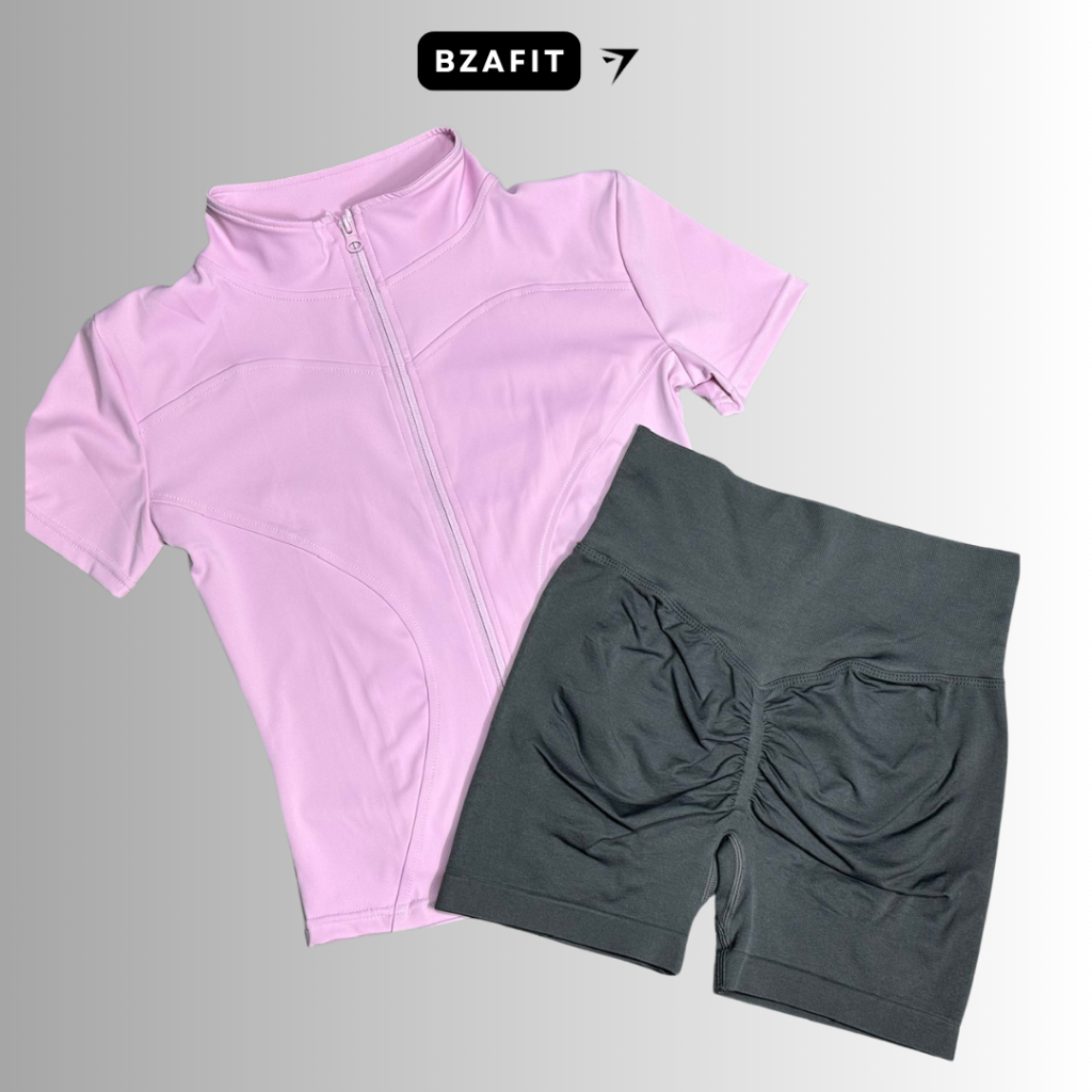 Bộ quần áo tập gym,yoga ( áo cổ trụ kéo khóa + quần short chun mông) GB313