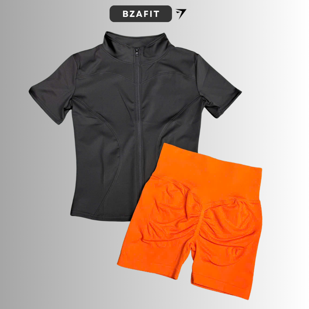 Bộ quần áo tập gym,yoga ( áo cổ trụ kéo khóa + quần short chun mông) GB313
