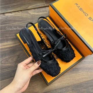 [mở bán] Giày búp bê ren thêu hoa hồng nổi phối nơ ngang 2 màu chuẩn form siêu hot QC423