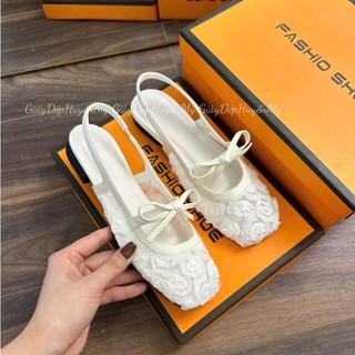 [mở bán] Giày búp bê ren thêu hoa hồng nổi phối nơ ngang 2 màu chuẩn form siêu hot QC423