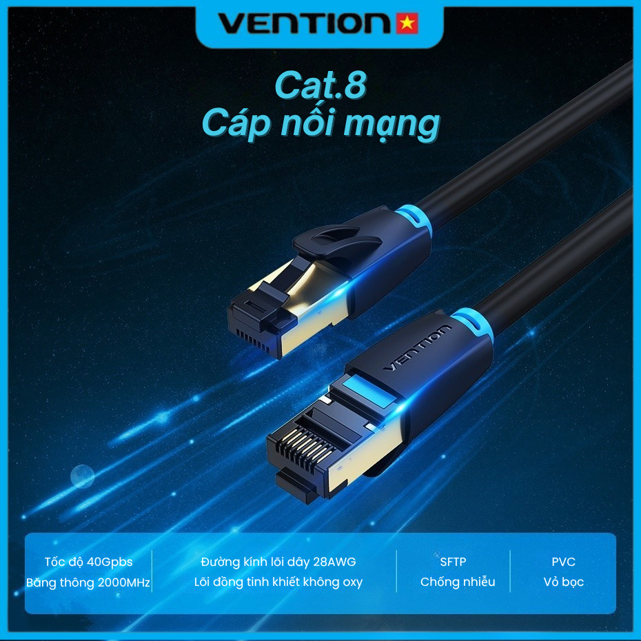 Cáp Mạng Vention CAT8, RJ45, Tốc Độ 40Gbps, Băng Thông 2000MHz, Chuẩn SFTP, Dùng Cho PS4, Game, Router, Máy Tính