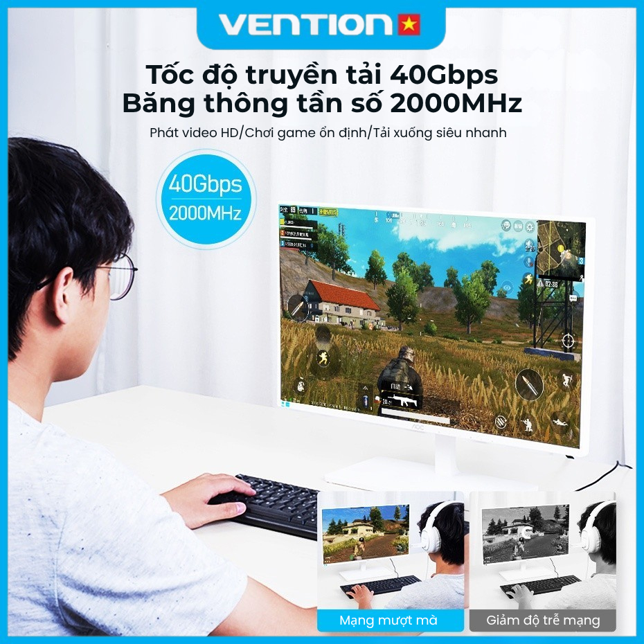 Cáp Mạng Vention CAT8, RJ45, Tốc Độ 40Gbps, Băng Thông 2000MHz, Chuẩn SFTP, Dùng Cho PS4, Game, Router, Máy Tính