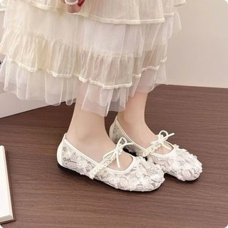 [mở bán] Giày búp bê ren thêu hoa hồng nổi phối nơ ngang 2 màu chuẩn form siêu hot QC423