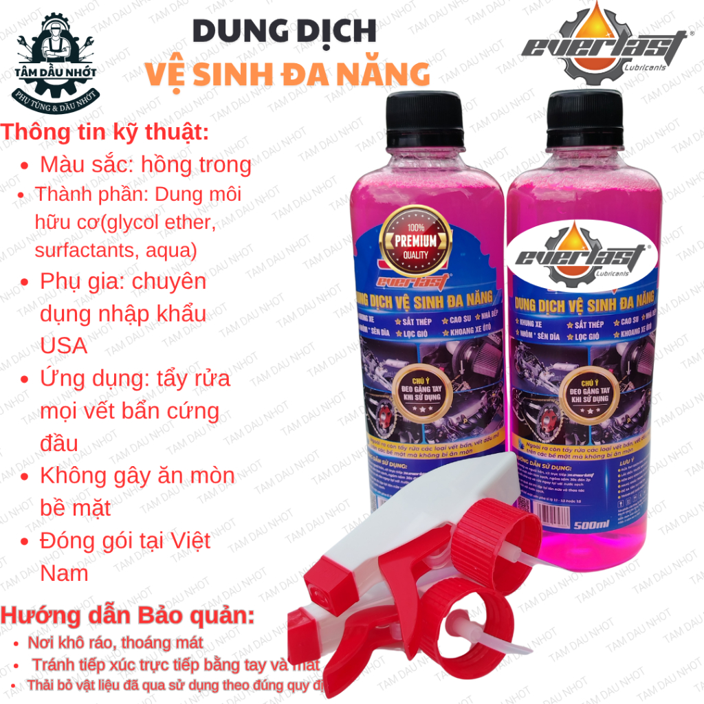 Chai Tẩy Rửa Vệ Sinh Đa Năng Everlast 500ml – Làm Sạch Sên Nhông Dĩa, Lọc Gió, Khung Xe, Inox, Sắt Thép, Cao Su, Nhà Bếp