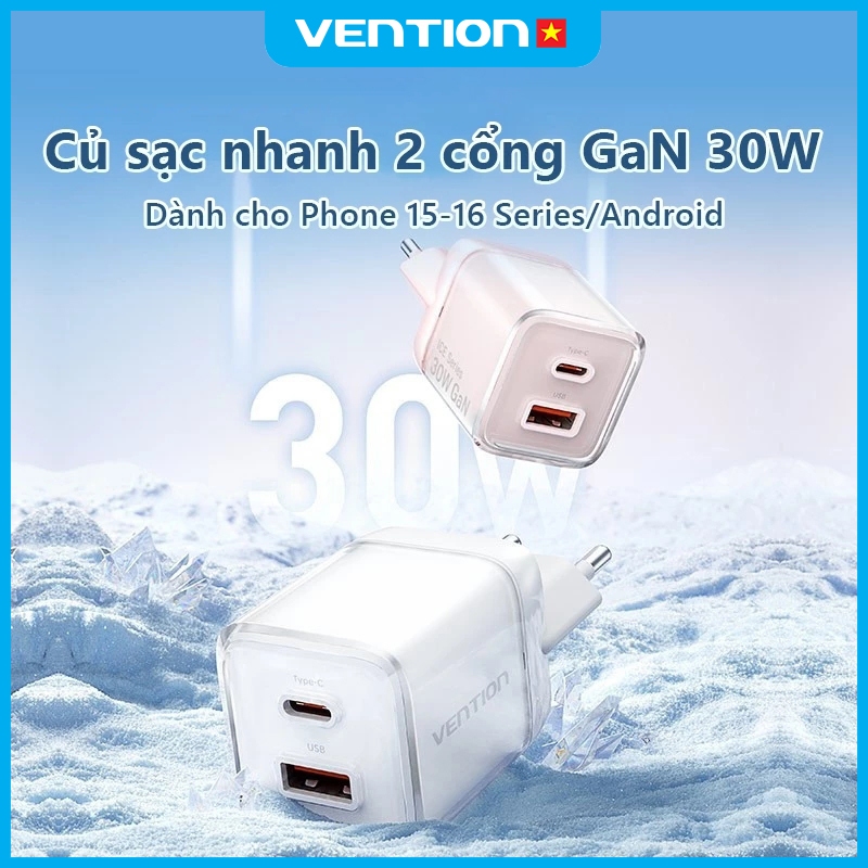 Củ Sạc Nhanh GaN 30W Vention Tích Hợp Vỏ Bảo Vệ Chống Cháy Nổ Cao Cấp, Hỗ Trợ PD & QC, 2 Cổng USB và Type C
