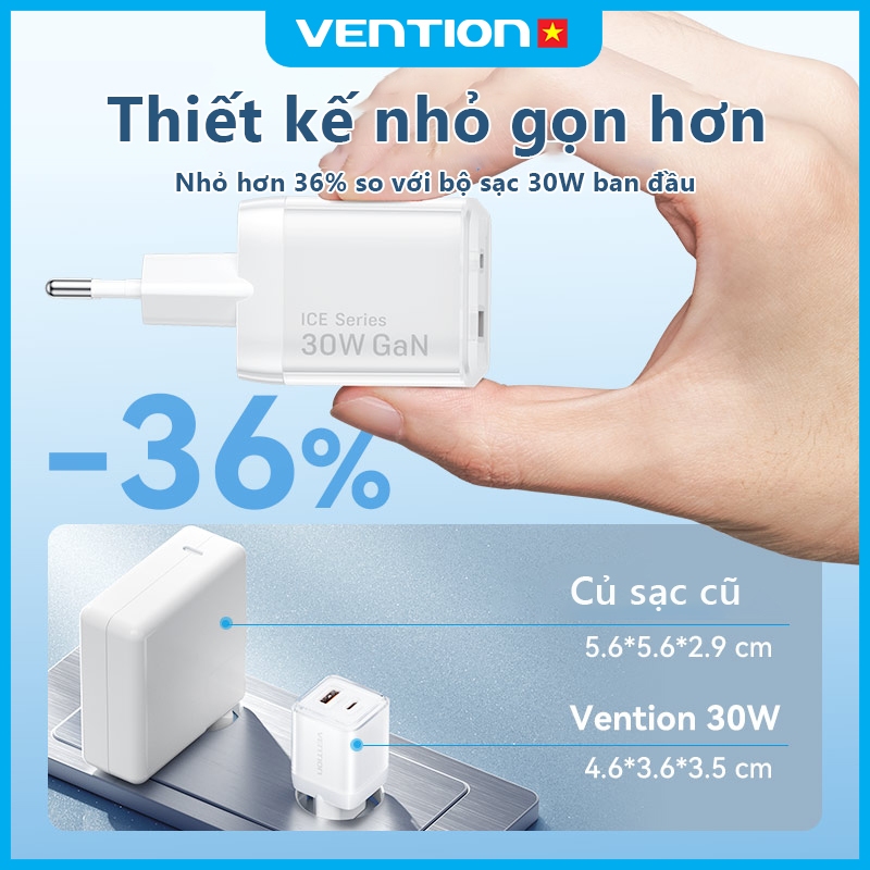 Củ Sạc Nhanh GaN 30W Vention Tích Hợp Vỏ Bảo Vệ Chống Cháy Nổ Cao Cấp, Hỗ Trợ PD & QC, 2 Cổng USB và Type C
