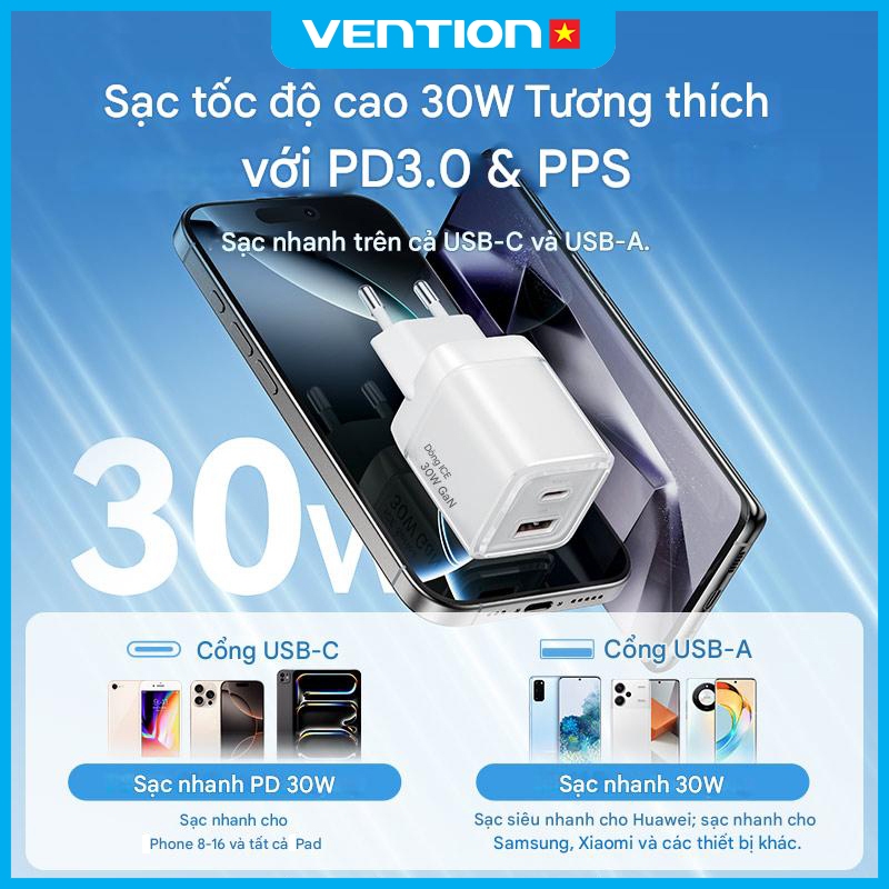 Củ Sạc Nhanh GaN 30W Vention Tích Hợp Vỏ Bảo Vệ Chống Cháy Nổ Cao Cấp, Hỗ Trợ PD & QC, 2 Cổng USB và Type C