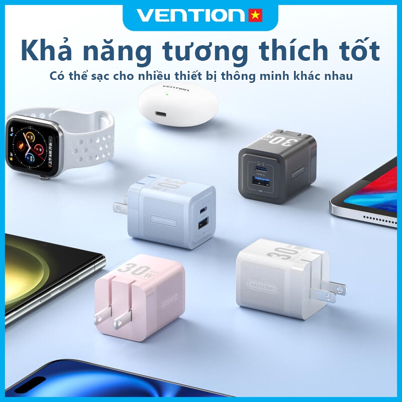 Củ Sạc Nhanh 30W GaN Vention, Tích Hợp 2 Cổng USB và Type C, Hỗ Trợ PD QC  Dành Cho  Phone, SamSung, Xiaomi