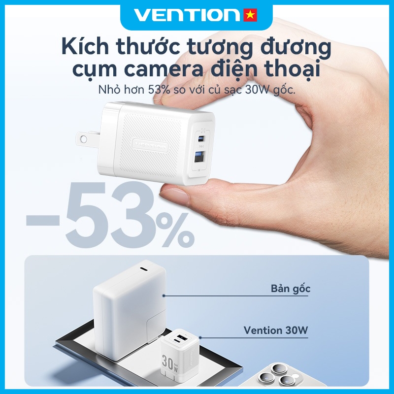 Củ Sạc Nhanh 30W GaN Vention, Tích Hợp 2 Cổng USB và Type C, Hỗ Trợ PD QC  Dành Cho  Phone, SamSung, Xiaomi
