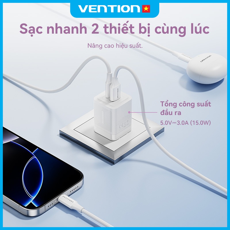 Củ Sạc Nhanh 30W GaN Vention, Tích Hợp 2 Cổng USB và Type C, Hỗ Trợ PD QC  Dành Cho  Phone, SamSung, Xiaomi