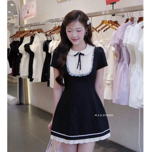 Váy nữ thiết kế cổ sen phối ren bèo đính nơ cao cấp , Đầm ngắn xoè cộc tay phối viền trắng dập ly tiểu thư sang chảnh