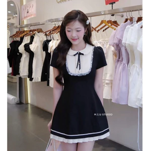 Váy nữ thiết kế cổ sen phối ren bèo đính nơ cao cấp , Đầm ngắn xoè cộc tay phối viền trắng dập ly tiểu thư sang chảnh